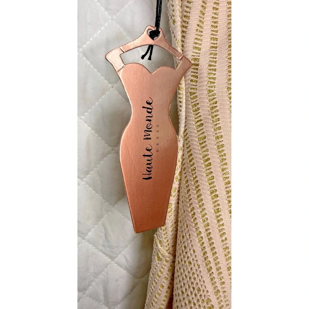 NWT Haute Monde Geometric Nude Gold Metallic Bodycon Dress Size L Art Deco Style